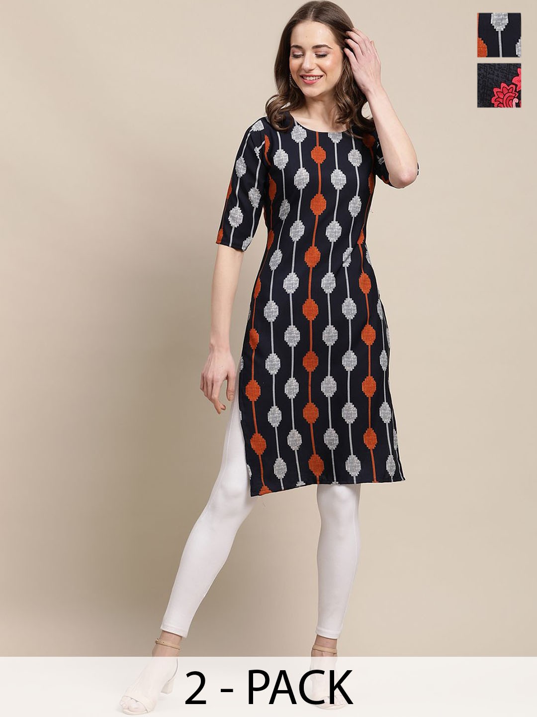 

7Threads Selection Of 2 Ethnic Printed Round Neck Kurtas, Red