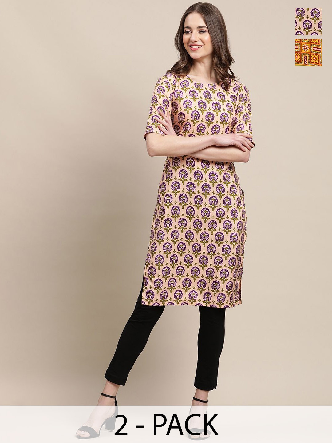 

7Threads Selection Of 2 Ethnic Motifs Printed Crepe Straight Kurtas, Cream