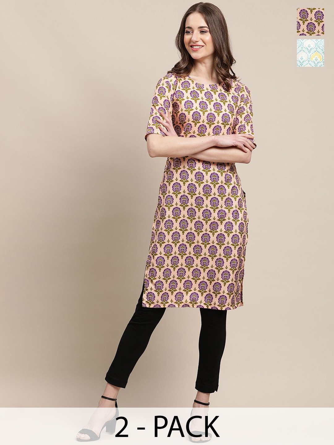 

7Threads Selection Of 2 Ethnic Motifs Printed Round Neck Crepe Straight Kurta, Peach