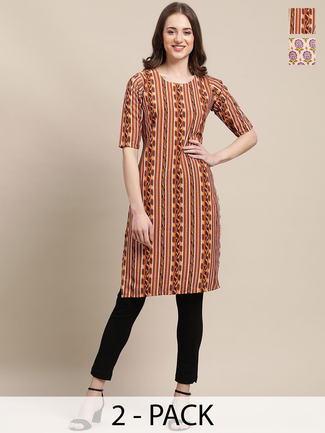 

7Threads Selection Of 2 Ethnic Motifs Printed Round Neck Crepe Straight Kurta, Pink