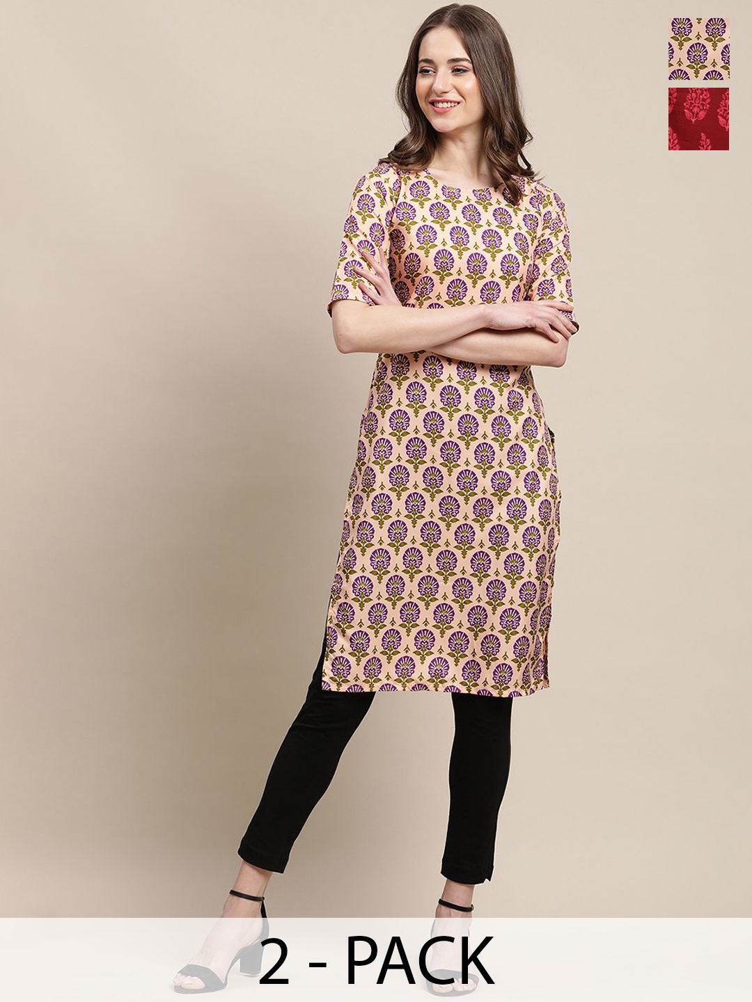 

7Threads Selection of 2 Ethnic Motifs Printed Crepe Straight Kurta, Beige