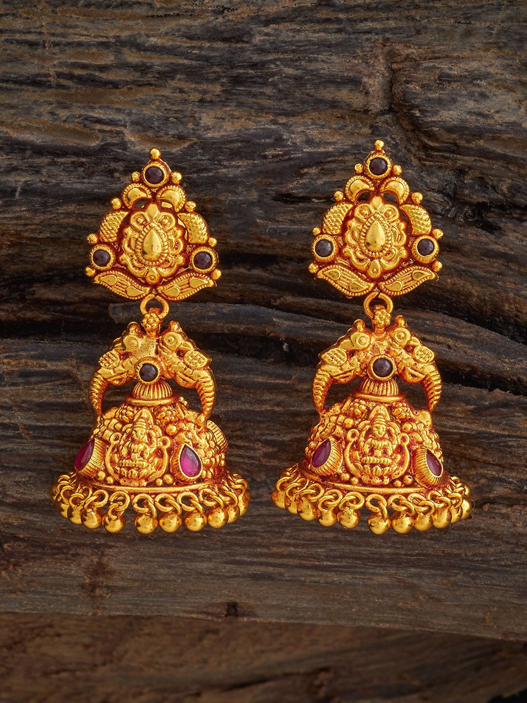 

Kushal's Fashion Jewellery 92.5 Silver Gold-Plated Stone Studded Dome Shaped Jhumkas