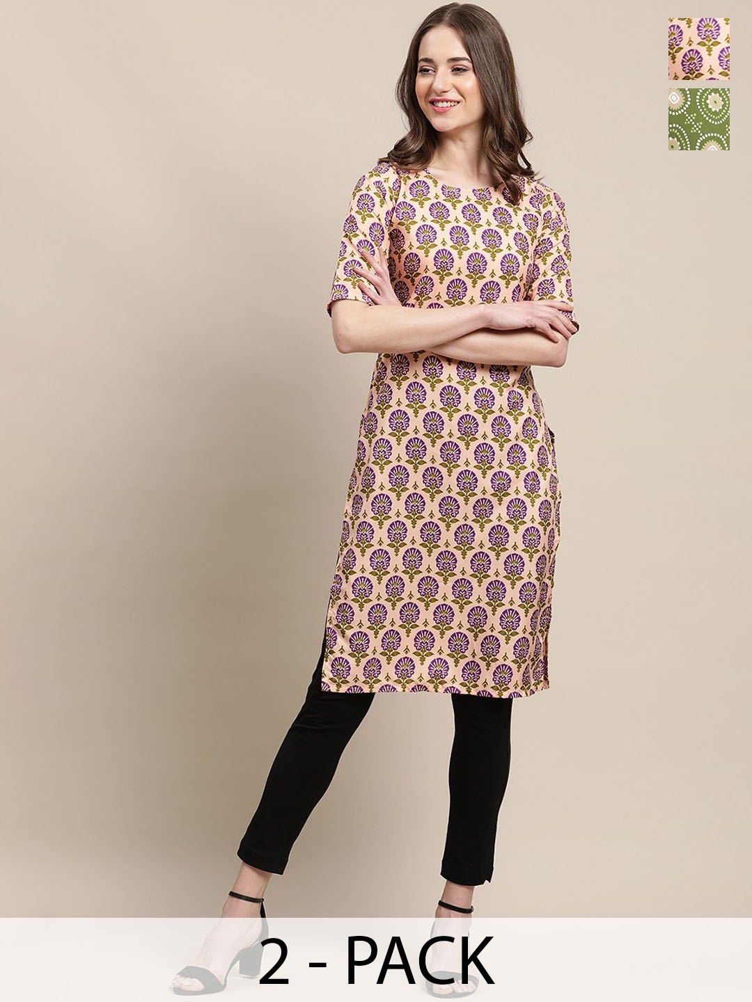 

7Threads Selection Of 2 Floral Printed Straight Kurta, Peach