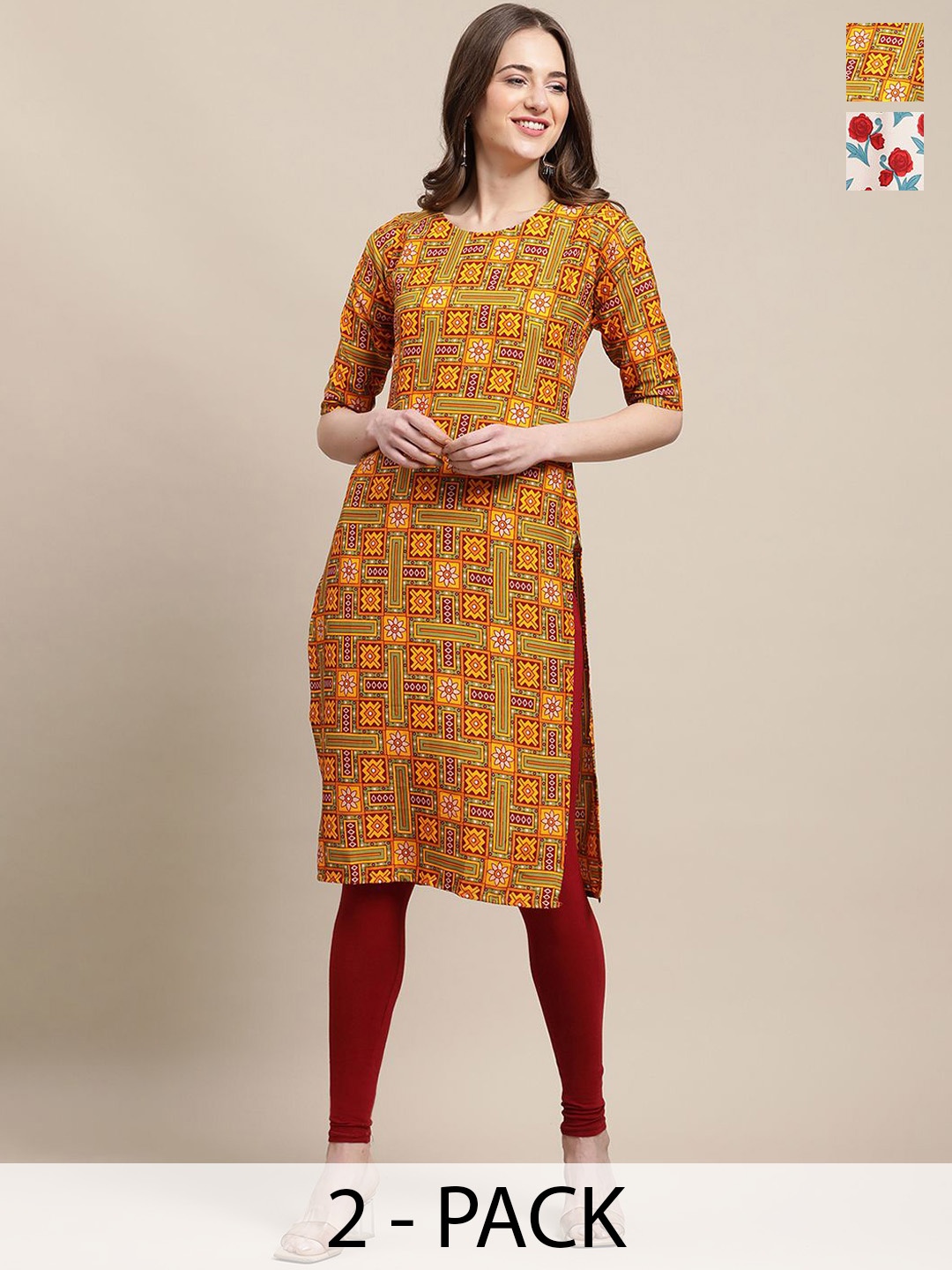 

7Threads Selection Of 2 Geometric Printed Round Neck Kurtas, Yellow