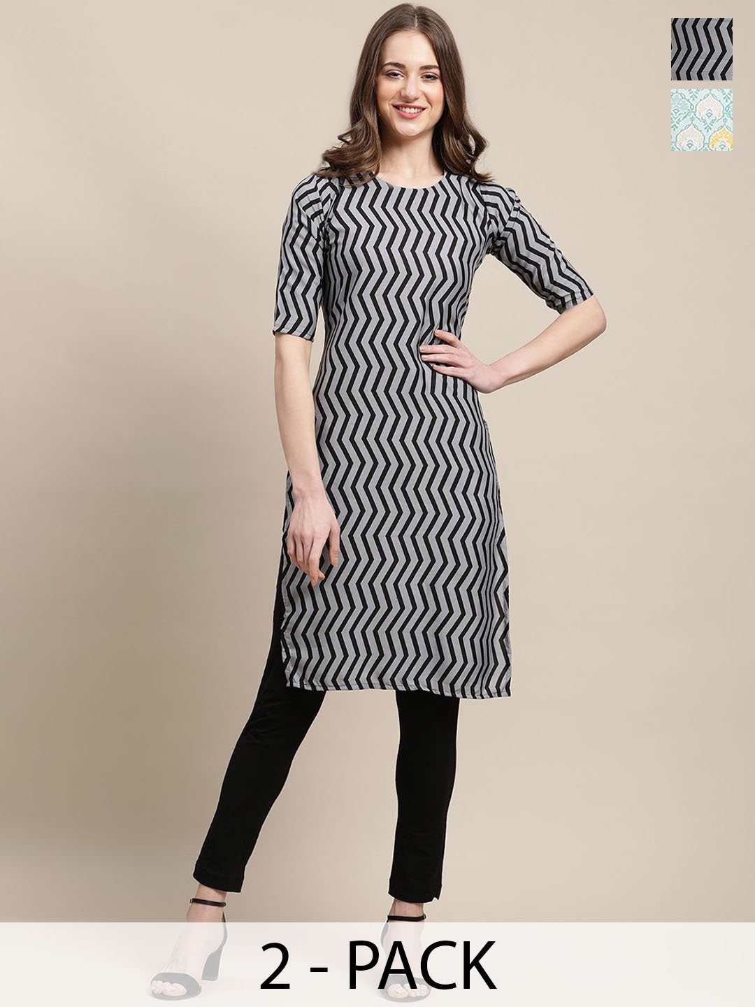

7Threads Selection Of 2 Chevron Printed Round Neck Crepe Straight Kurta, Grey