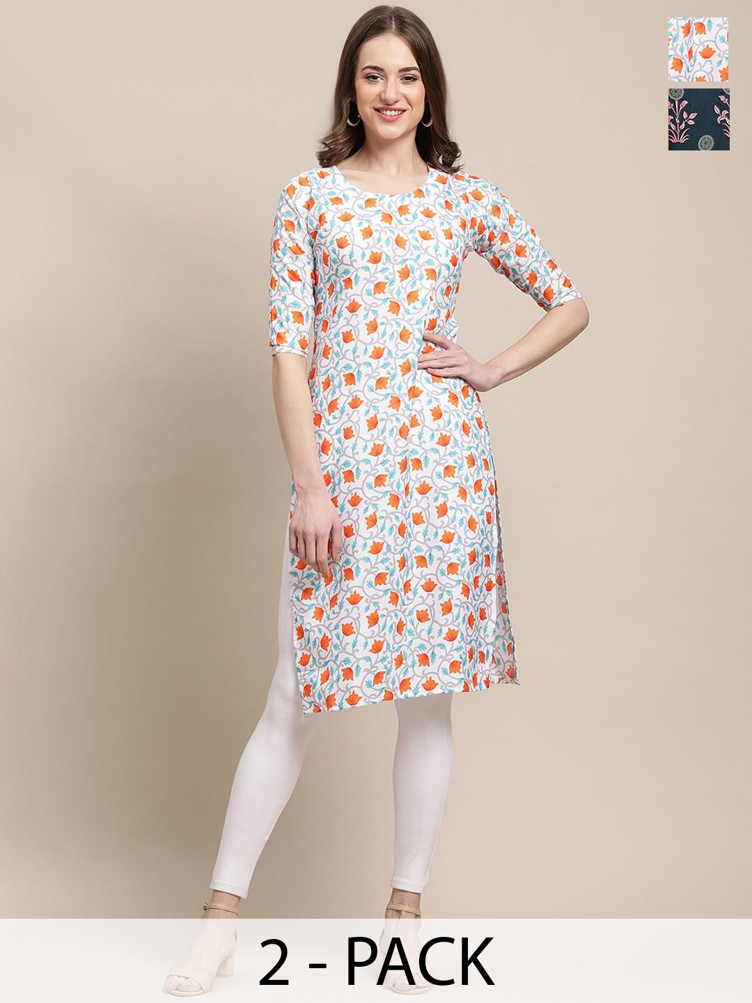 

7Threads Selection of 5 Floral Printed Crepe Straight Kurta, Blue