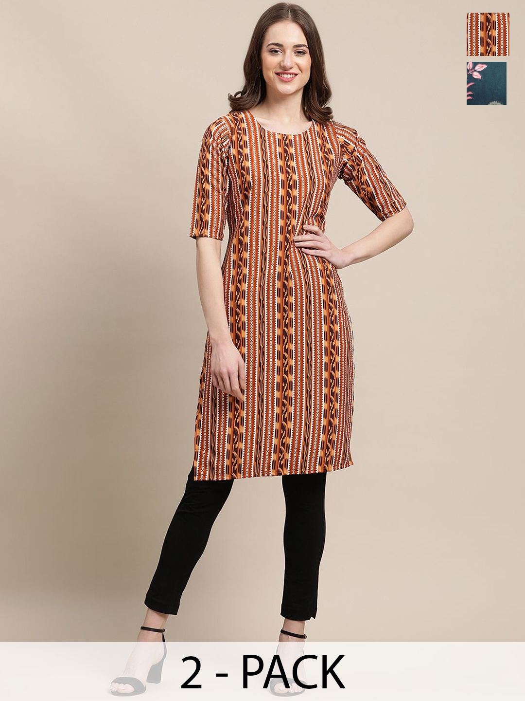 

7Threads Selection of 2 Geometric Printed Crepe Straight Kurta, Brown