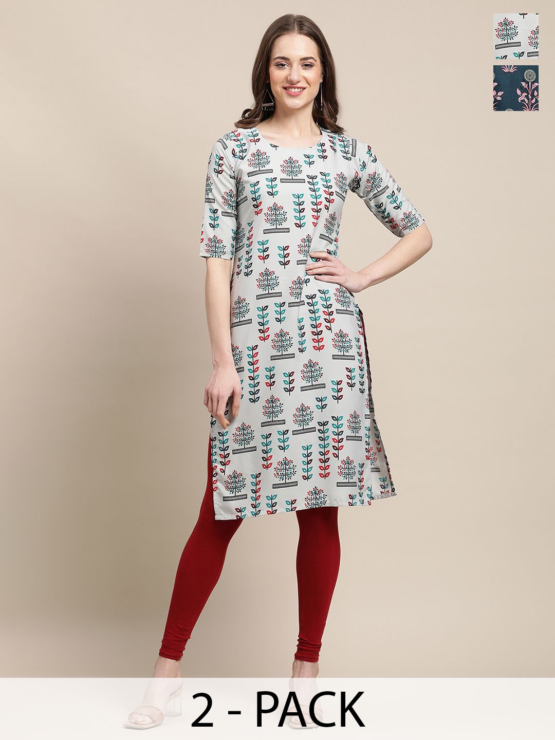 

7Threads Selection of 2 Ethnic Motifs Printed Crepe Straight Kurta, Grey