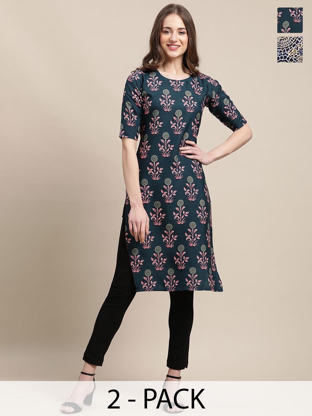 

7Threads Selection Of 2 Ethnic Motifs Printed Round Neck Crepe Straight Kurta, Teal