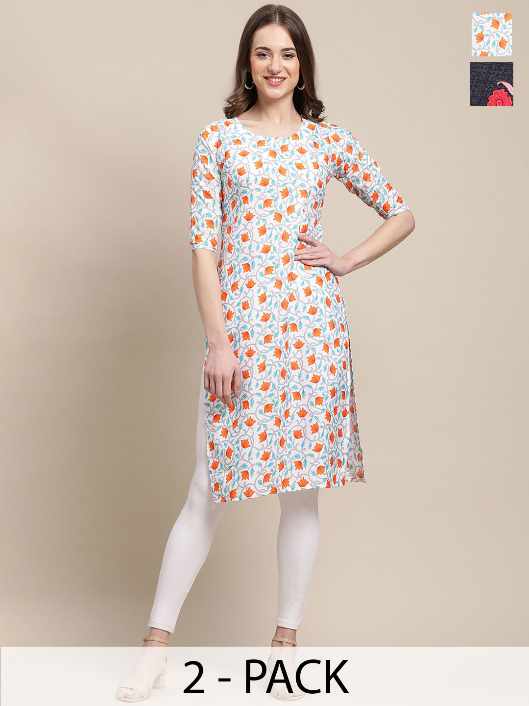 

7Threads Selection Of 2 Floral Printed Round Neck Straight Kurtas, White