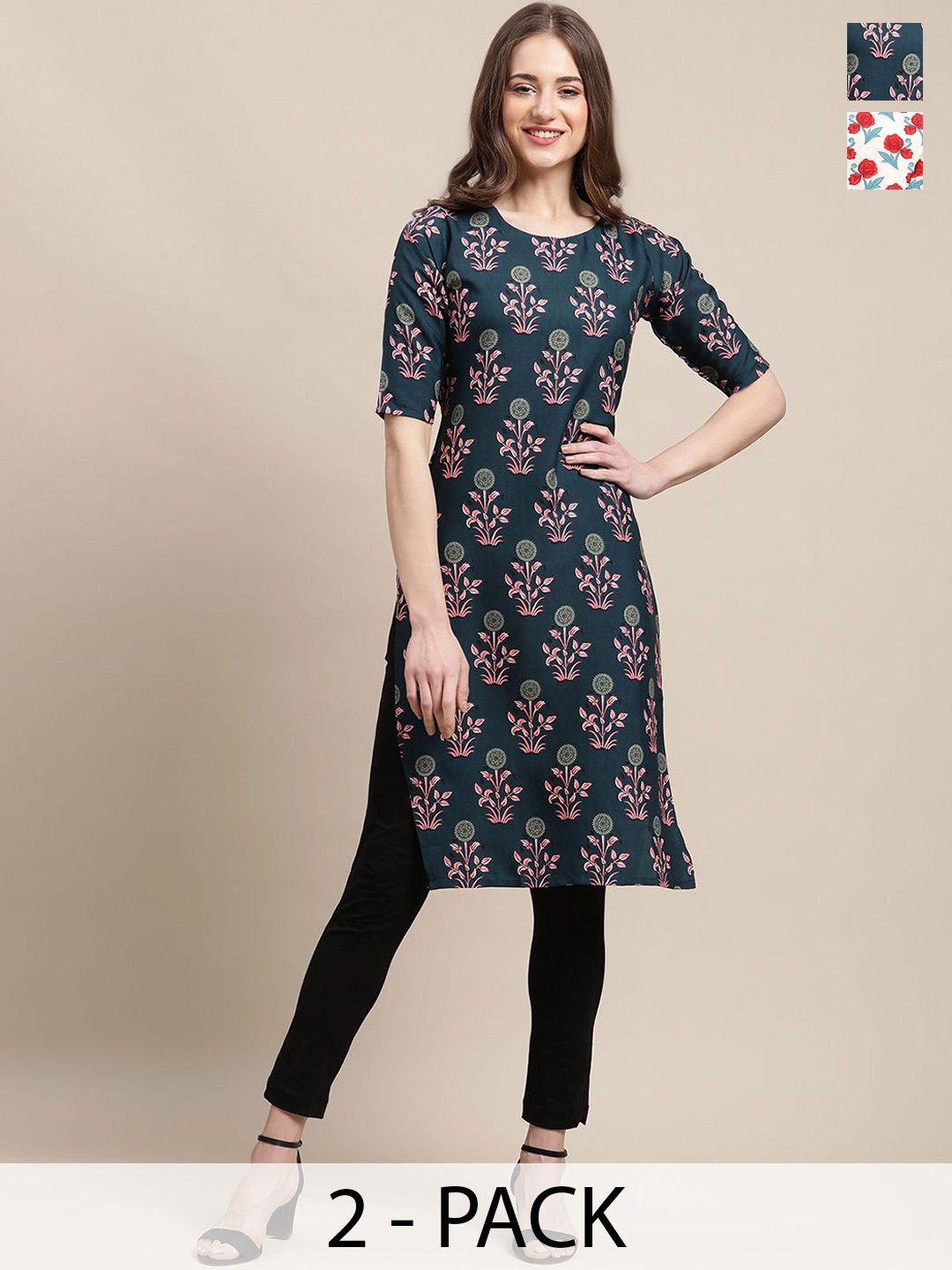

7Threads Selection Of 2 Ethnic Motifs Printed Straight Kurtas, Green