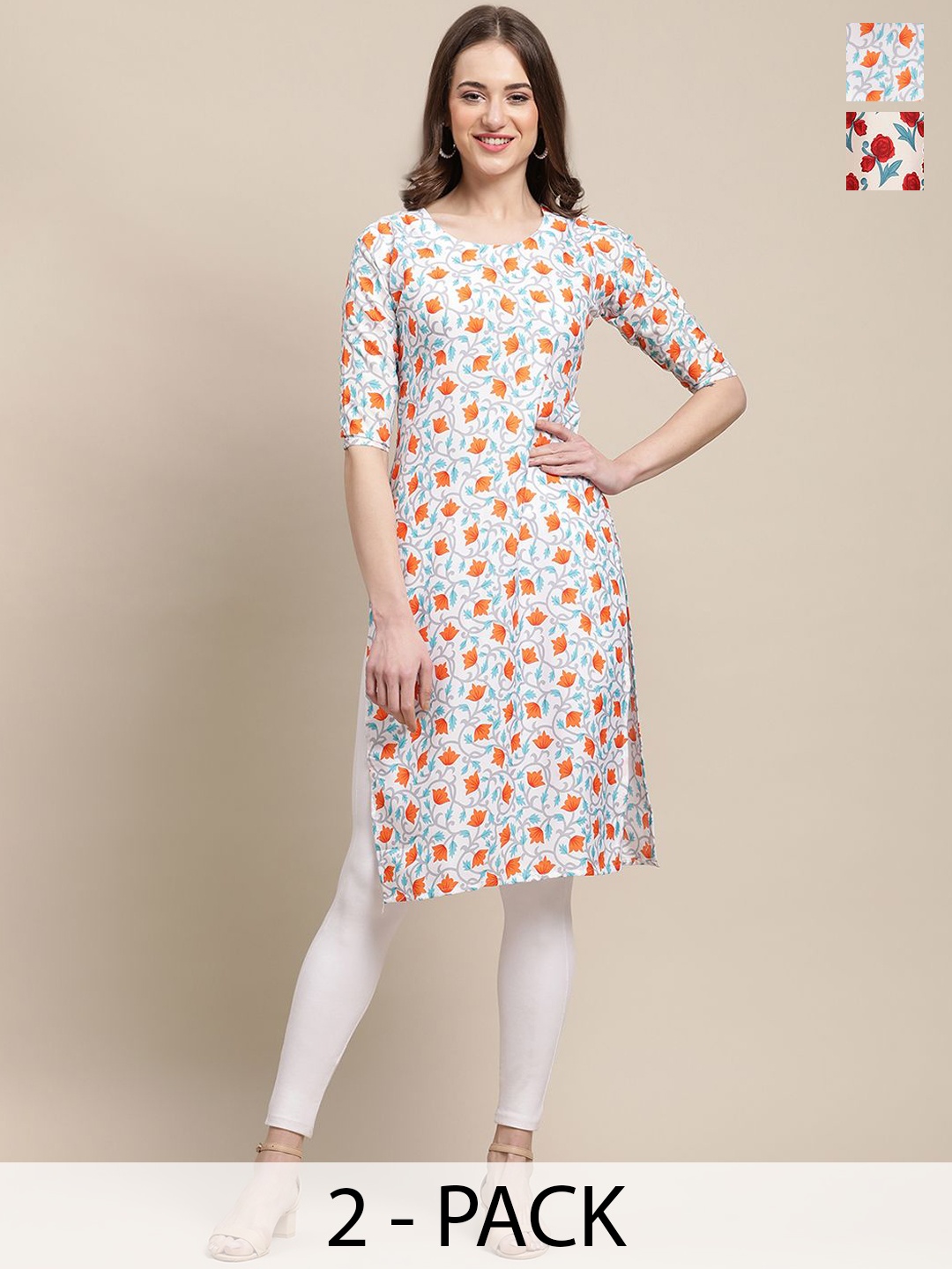 

7Threads Selection Of 2 Floral Printed Crepe Straight Kurtas, White