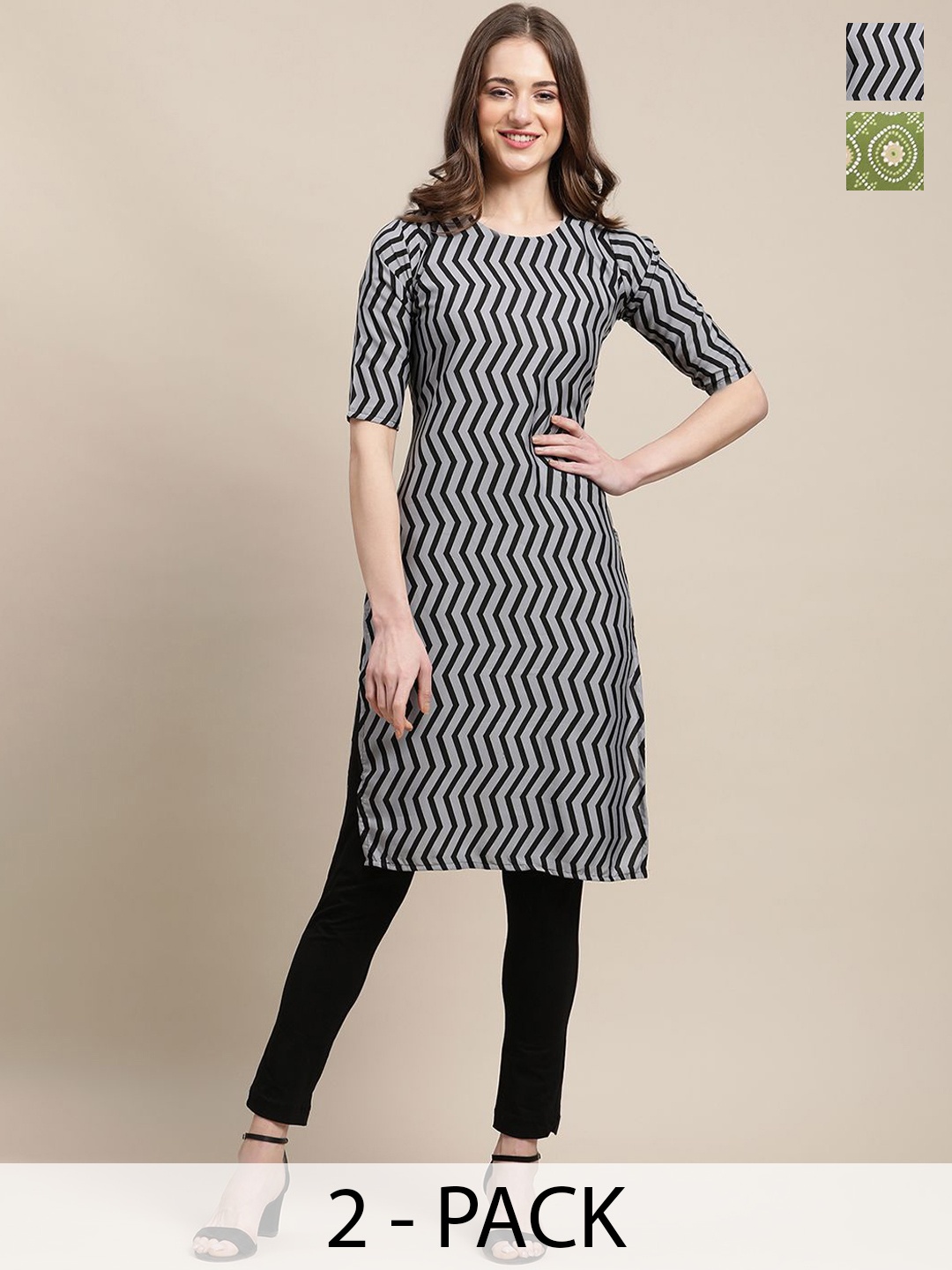 

7Threads Selection Of 2 Geometric Printed Round Neck Straight Kurtas, Green