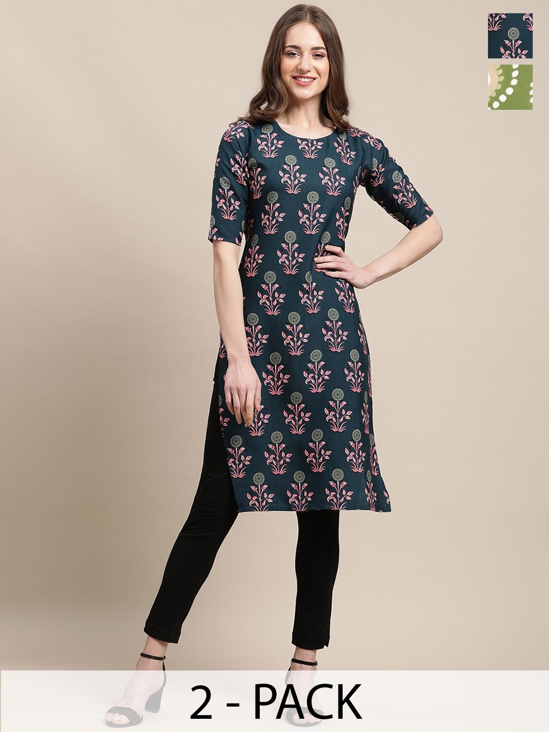 

7Threads Selection Of 2 Ethnic Motifs Printed Round Neck Kurtas, Navy blue