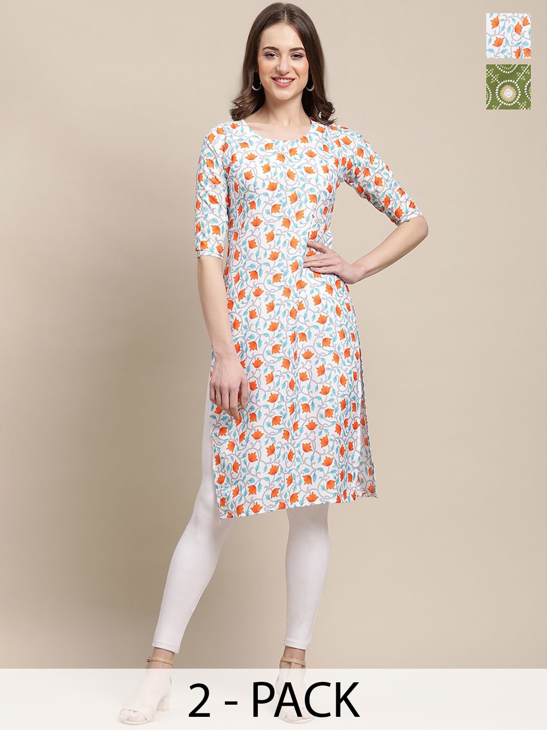

7Threads Selection Of 2 Ethnic Motifs Printed Straight Kurtas, Green