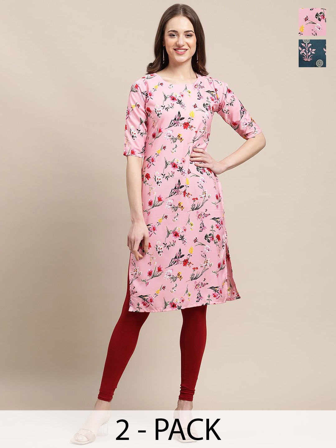 

7Threads Selection Of 2 Floral Printed Straight Kurtas, Pink