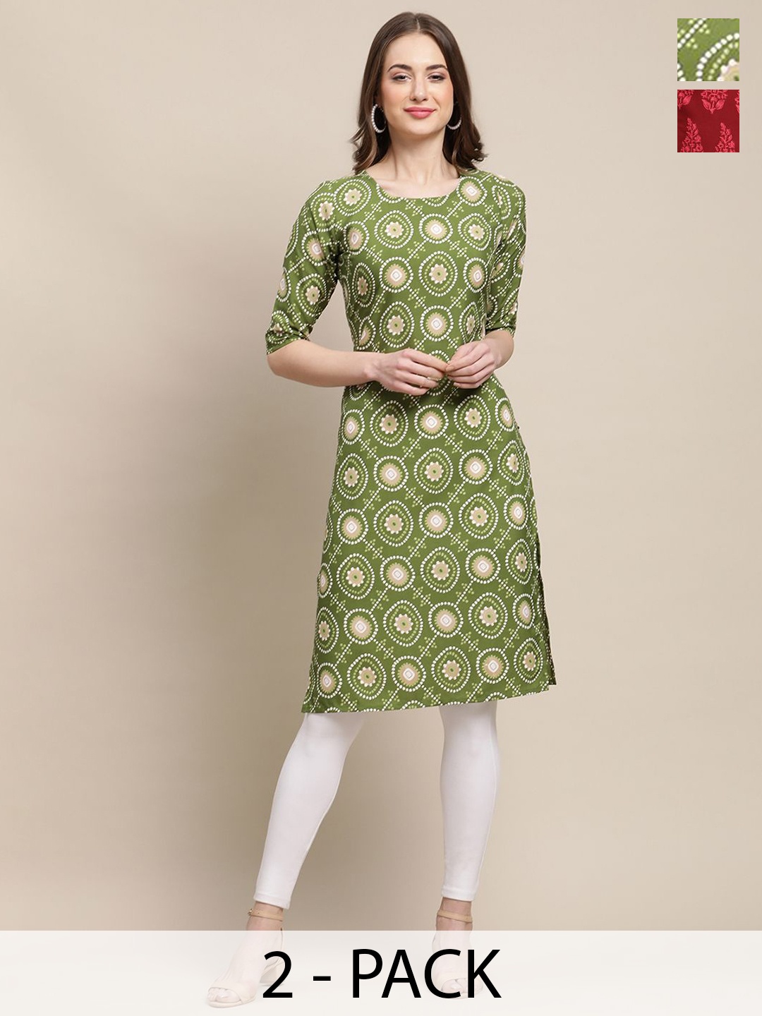 

7Threads Selection Of 2 Ethnic Motifs Printed Round Neck Regular Sleeves Straight Kurtas, Green