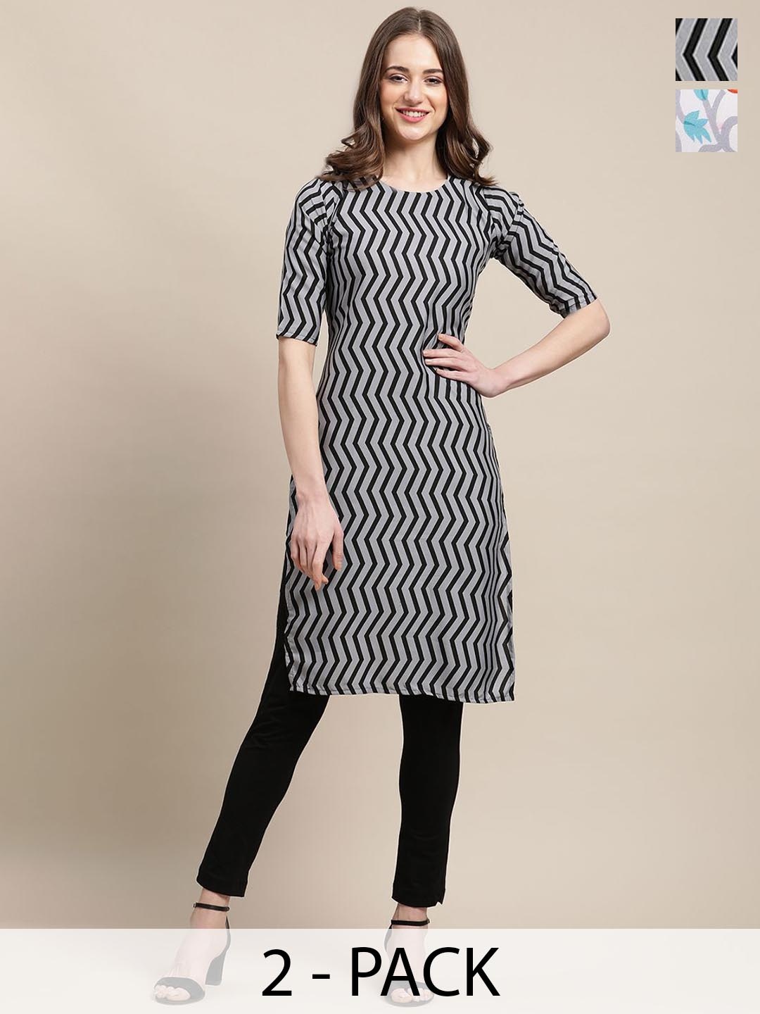

7Threads Selection Of 2 Chervon Printed Straight Kurta, Black