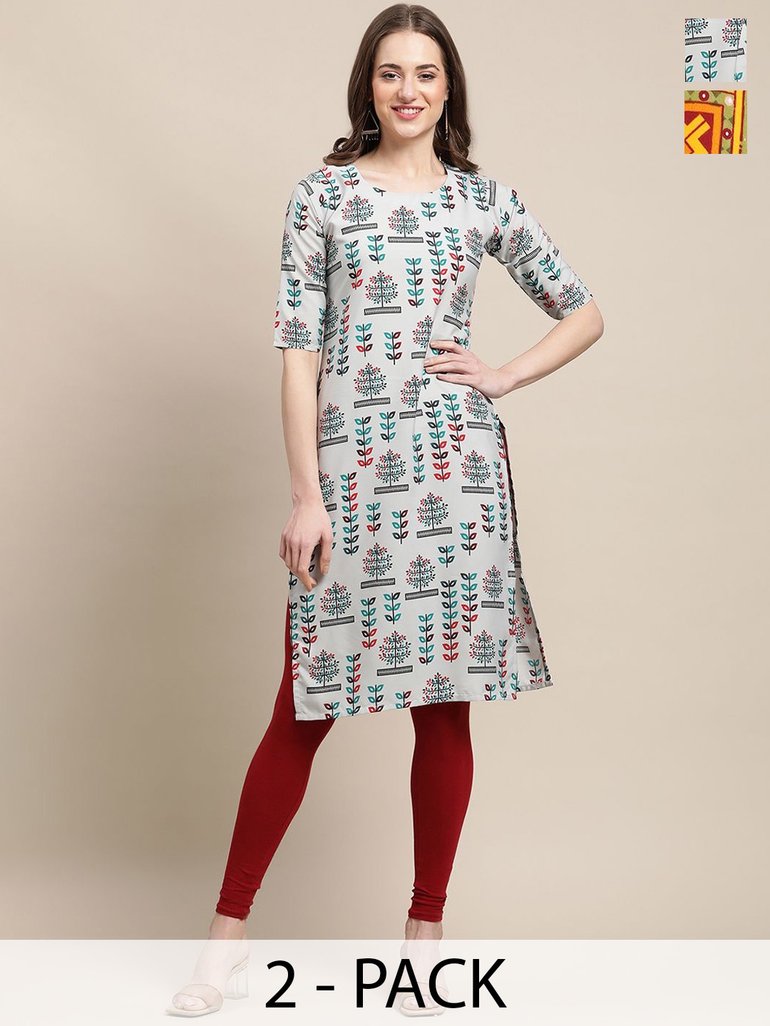 

7Threads Selection of 2 Ethnic Motifs & Floral Printed Round Neck Straight Kurtas, Grey