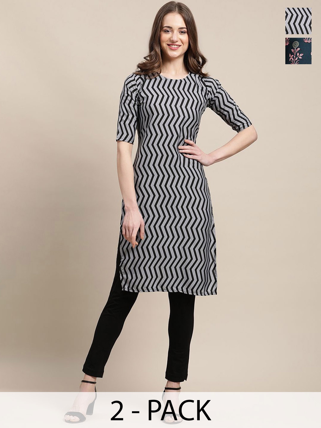 

7Threads Selection Of 2 Chevron Printed Round Neck Straight Kurtas, Grey