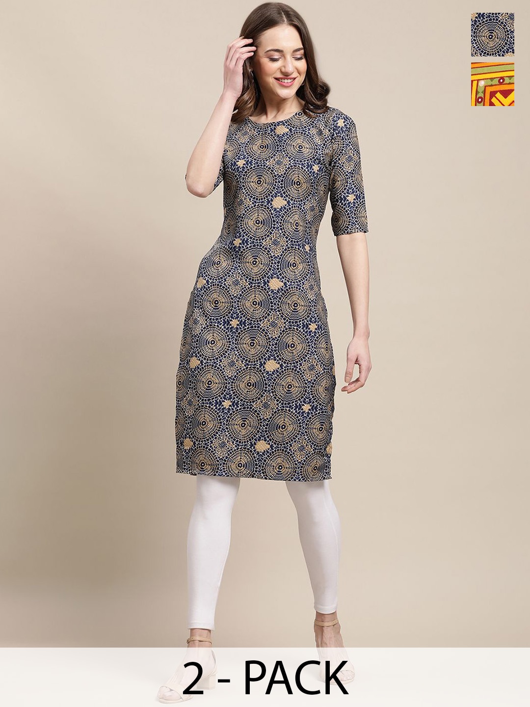 

7Threads Selection Of 2 Floral Printed Round Neck Straight Kurta, Blue