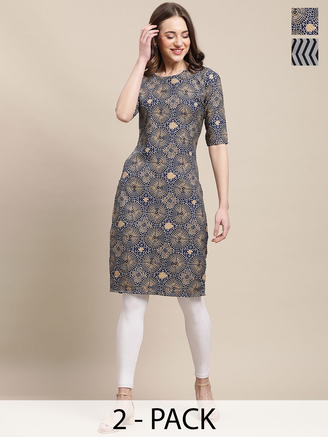 

7Threads Selection of 2 Geometric & Floral Printed Straight Kurtas, Navy blue