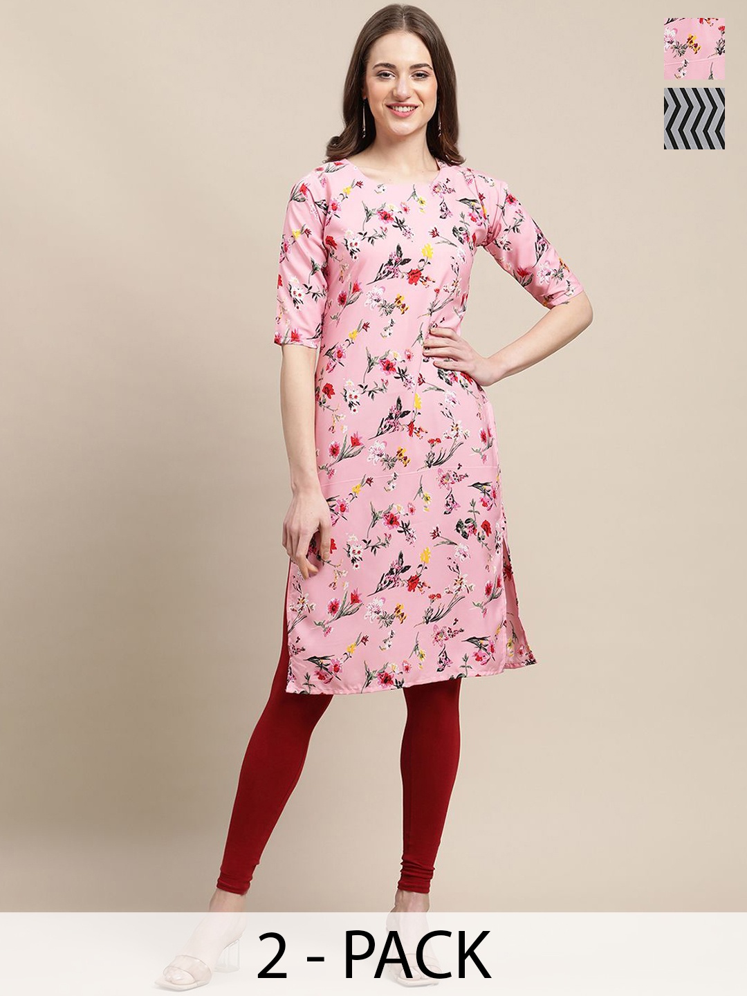 

7Threads Selection Of 2 Floral Printed Straight Kurta, Pink