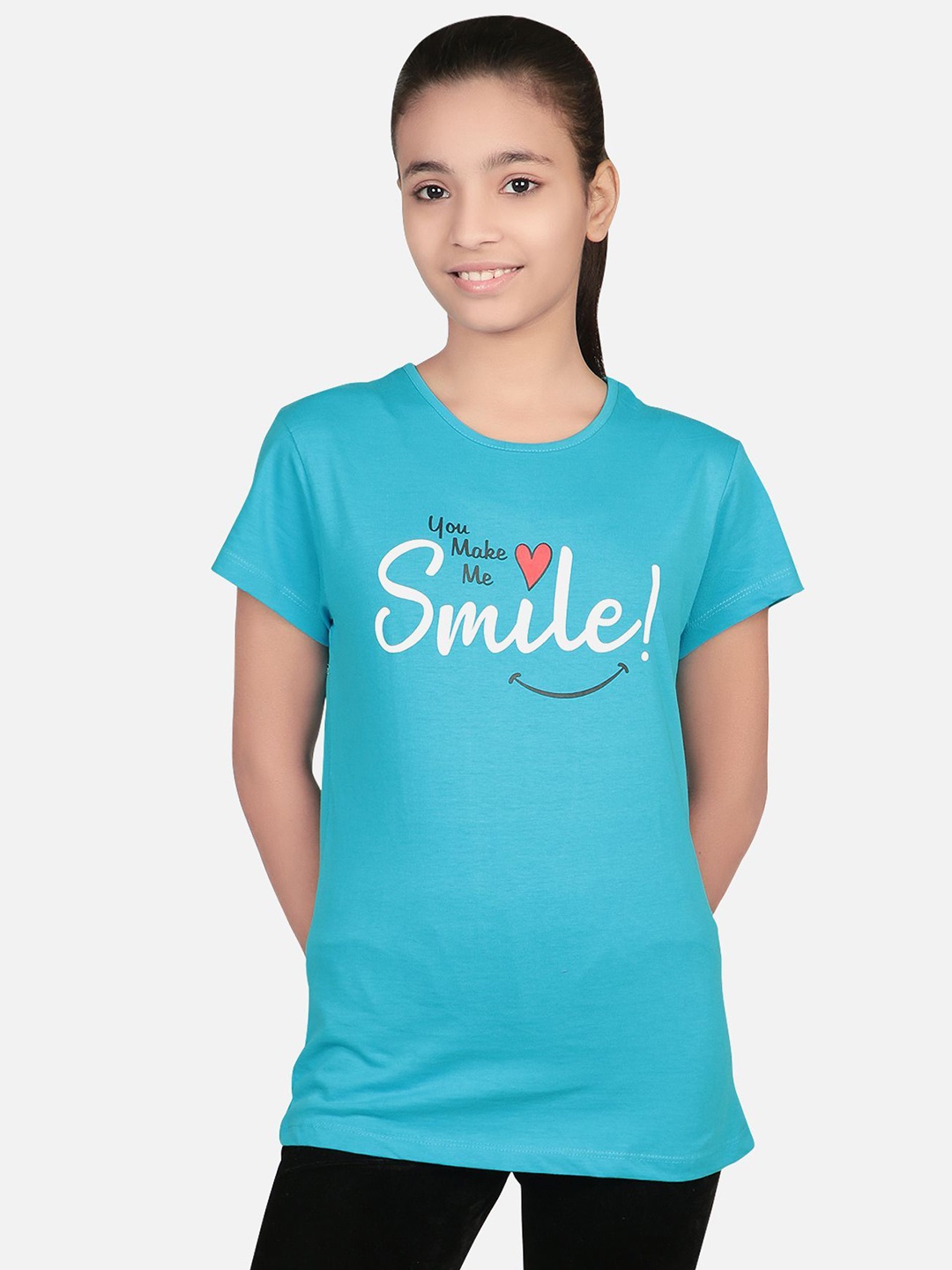 

Bodycare Girls Typography Printed Round Neck Cotton T-shirt, Turquoise blue