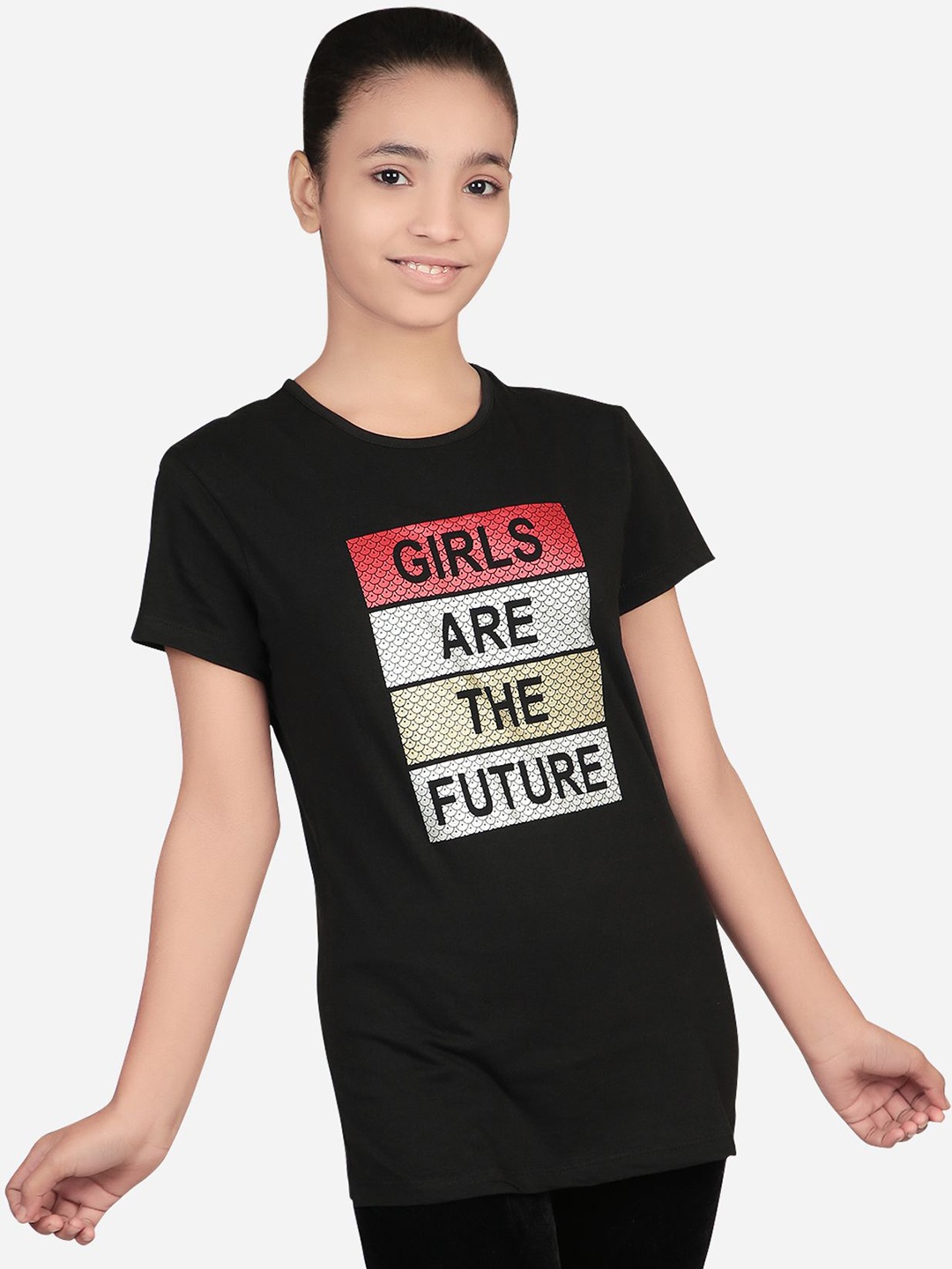 

Bodycare Girls Typography Printed Round Neck Cotton T-shirt, Black
