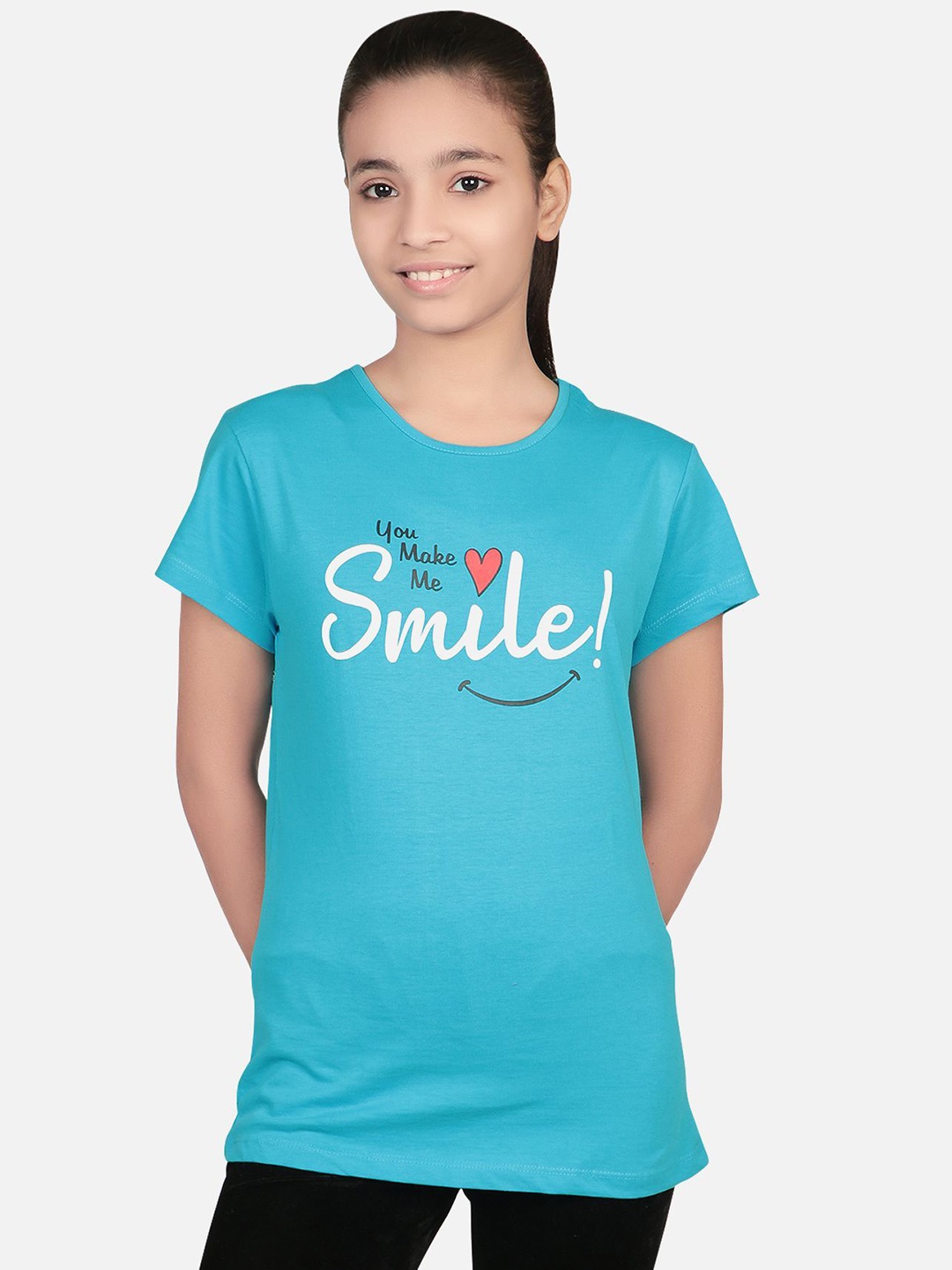 

Bodycare Girls Typography Printed Round Neck Cotton T-shirt, Turquoise blue