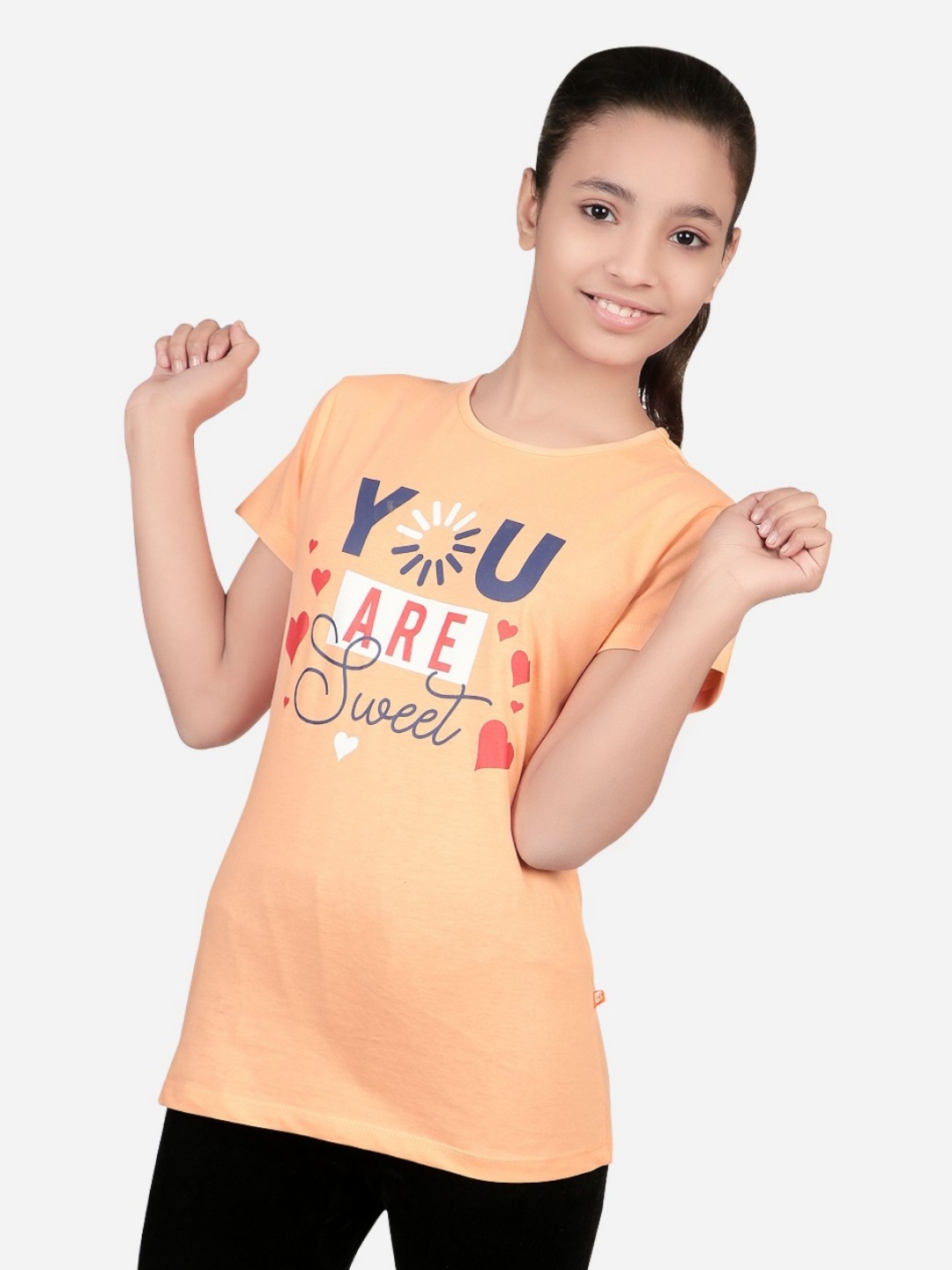 

Bodycare Girls Typography Printed Round Neck Cotton T-shirt, Peach