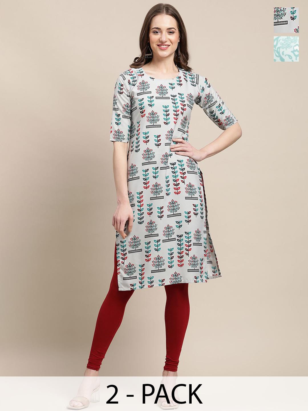 

7Threads Selection Of 2 Ethnic Motifs Printed Straight Kurtas, Grey