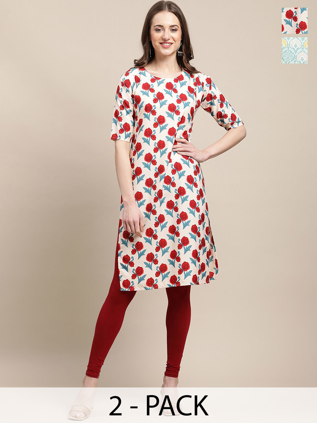

7Threads Selections Of 2 Floral Printed Straight Kurtas, Cream
