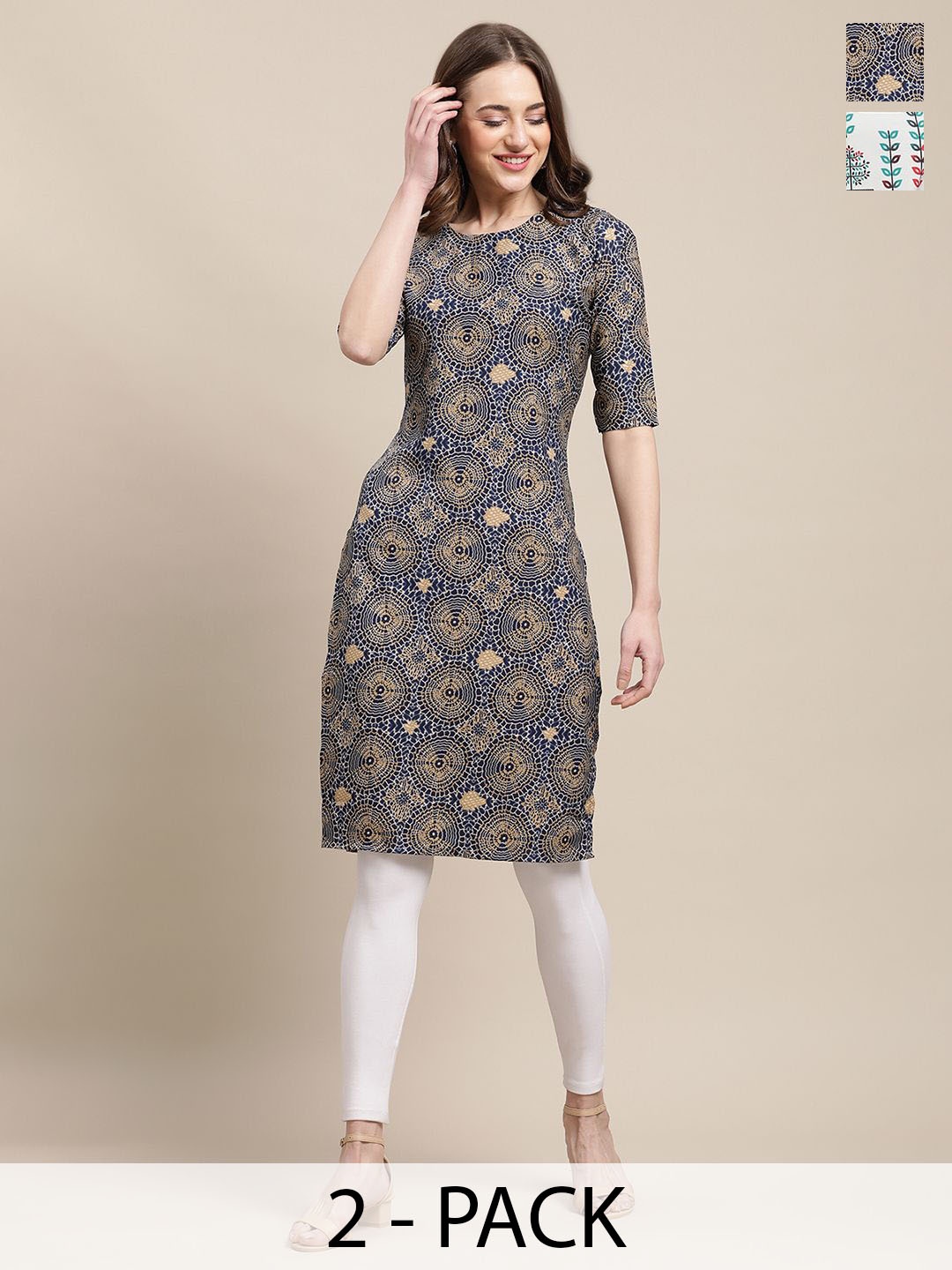 

7Threads Selection of 2 Ethnic Motifs Printed Round Neck Kurtas, Navy blue