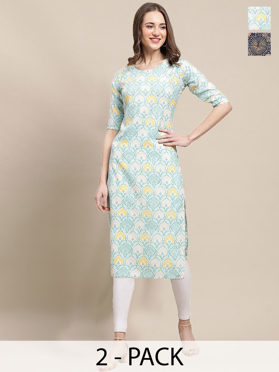 

7Threads Selection Of 2 Floral Printed Round Neck Kurtas, Blue