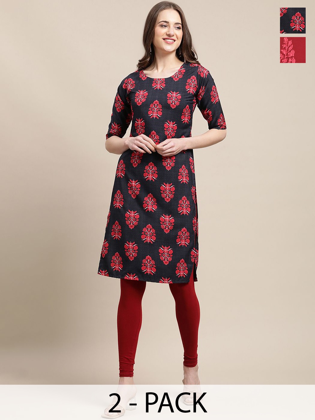 

7Threads Selection Of 2 Ethnic Motifs Printed Round Neck Kurtas, Red