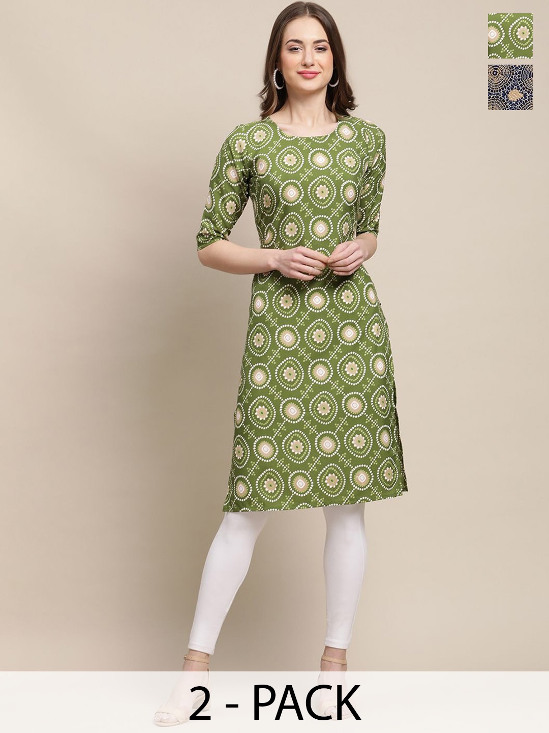 

7Threads Selection Of 2 Ethnic Motifs Printed Round Neck Crepe Straight Kurta, Green