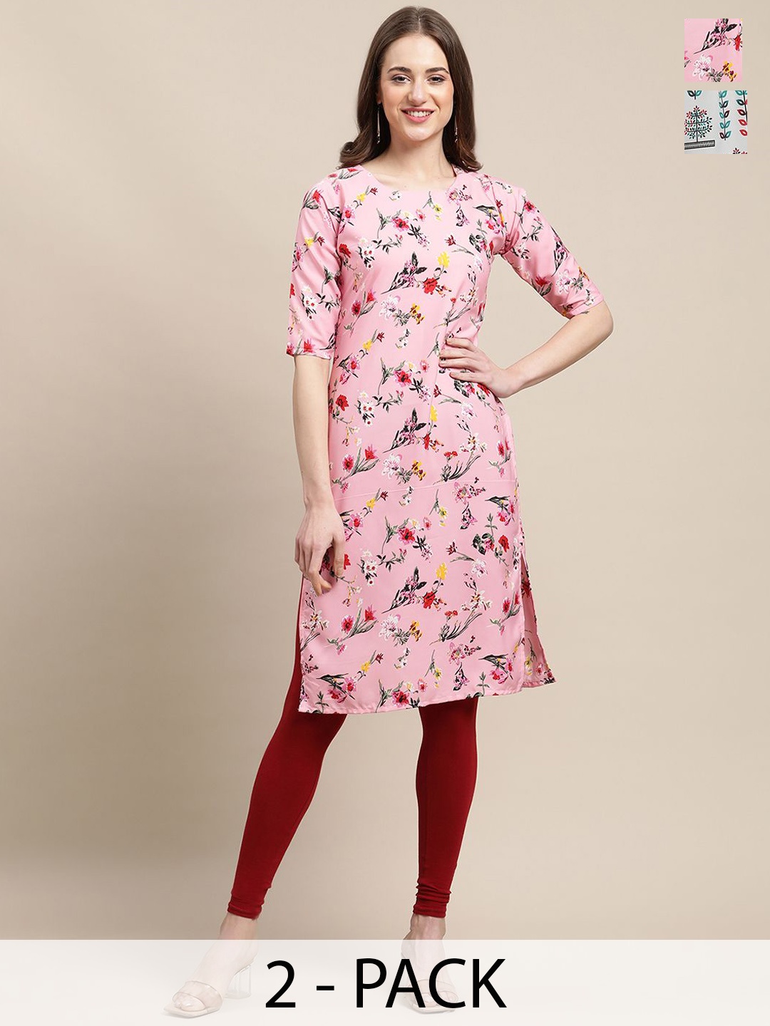 

7Threads Selection Of 2 Floral Printed Round Neck Kurta, Pink