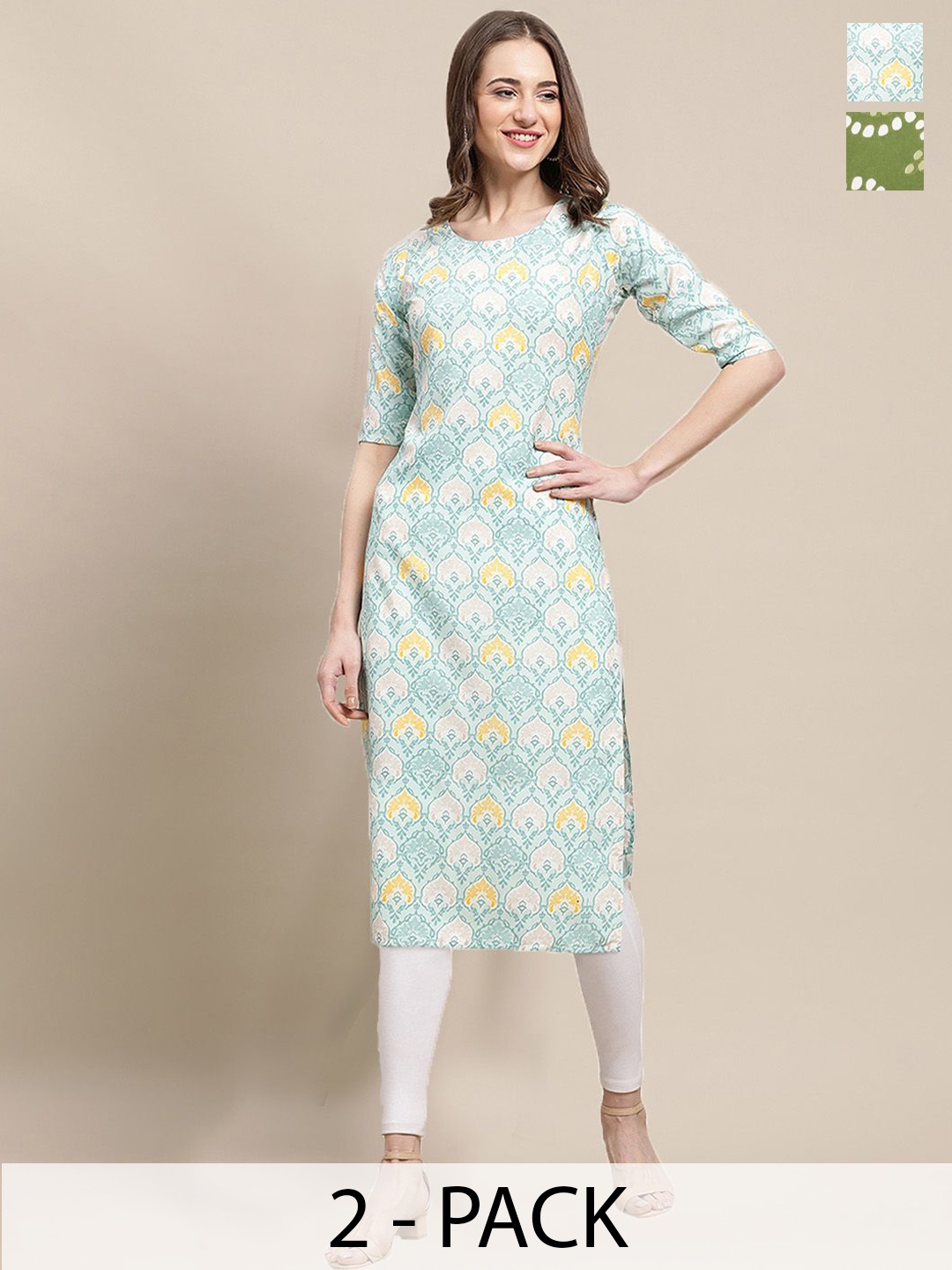 

7Threads Selection of 2 Geometric & Floral Printed Straight Kurtas, Blue