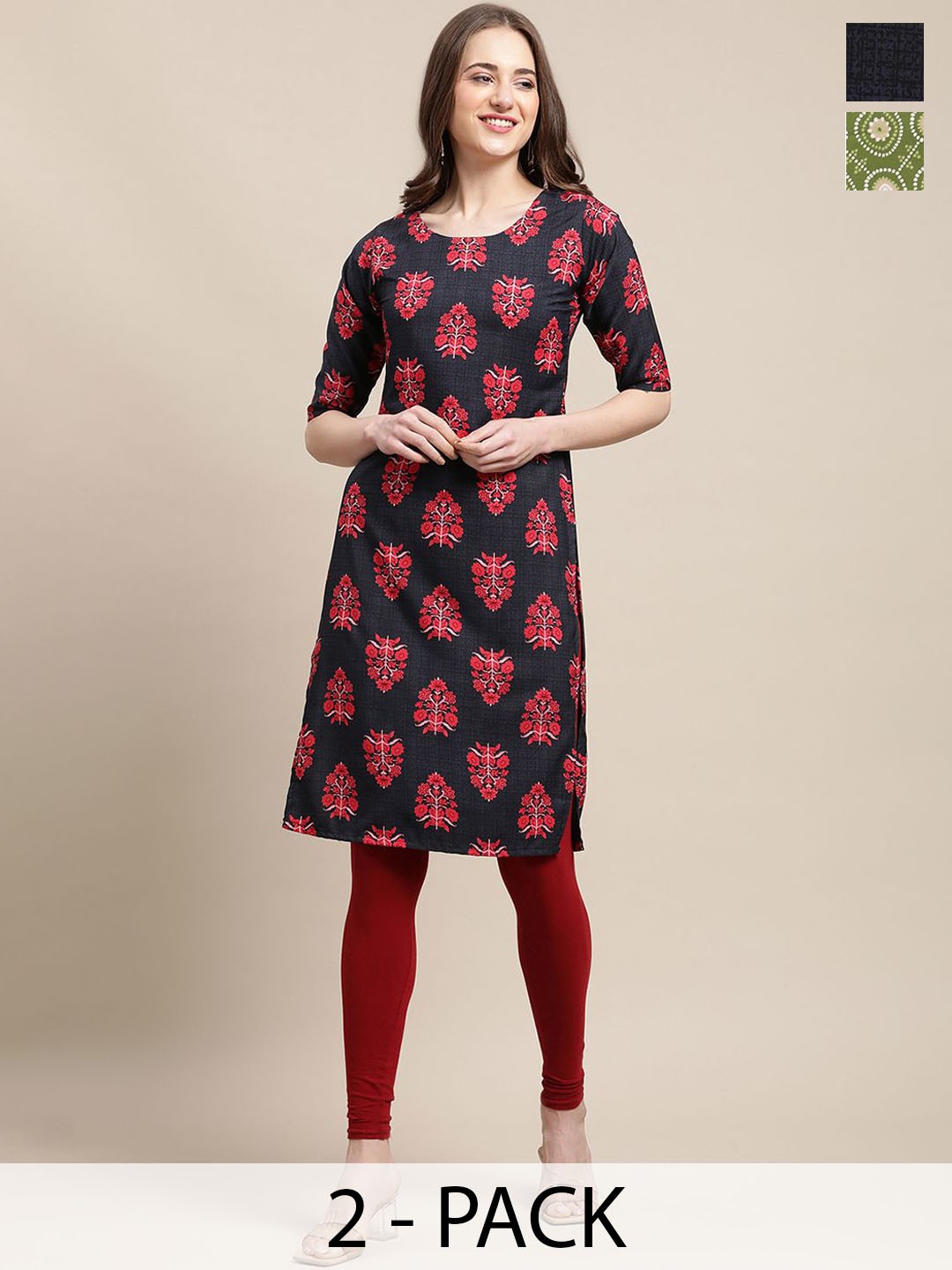 

7Threads Selection of 2 Floral Printed Straight Kurtas, Navy blue