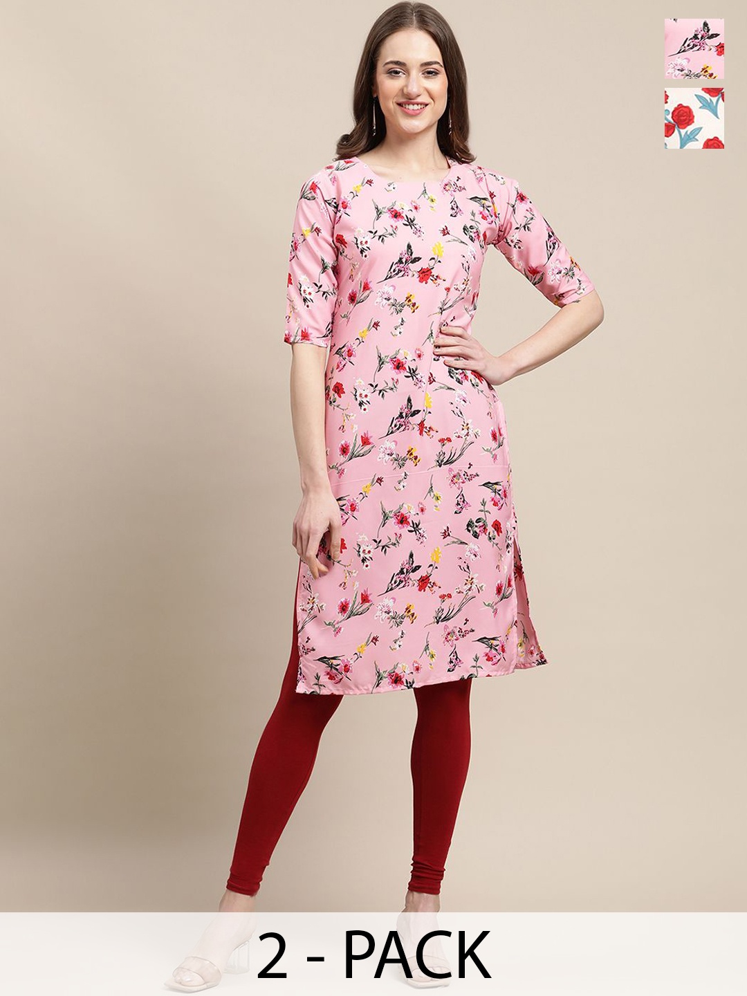 

7Threads Selection Of 2 Floral printed Round Neck Straight Kurtas, Pink