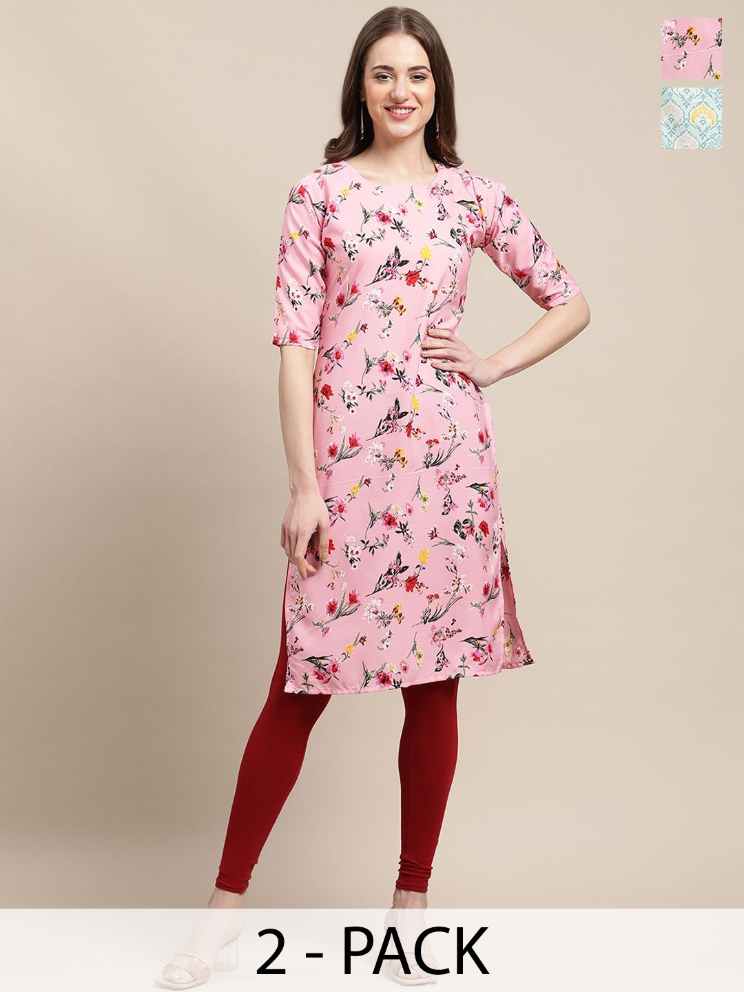 

7Threads Selection Of 2 Ethnic Motifs Printed Round Neck Crepe Straight Kurta, Pink