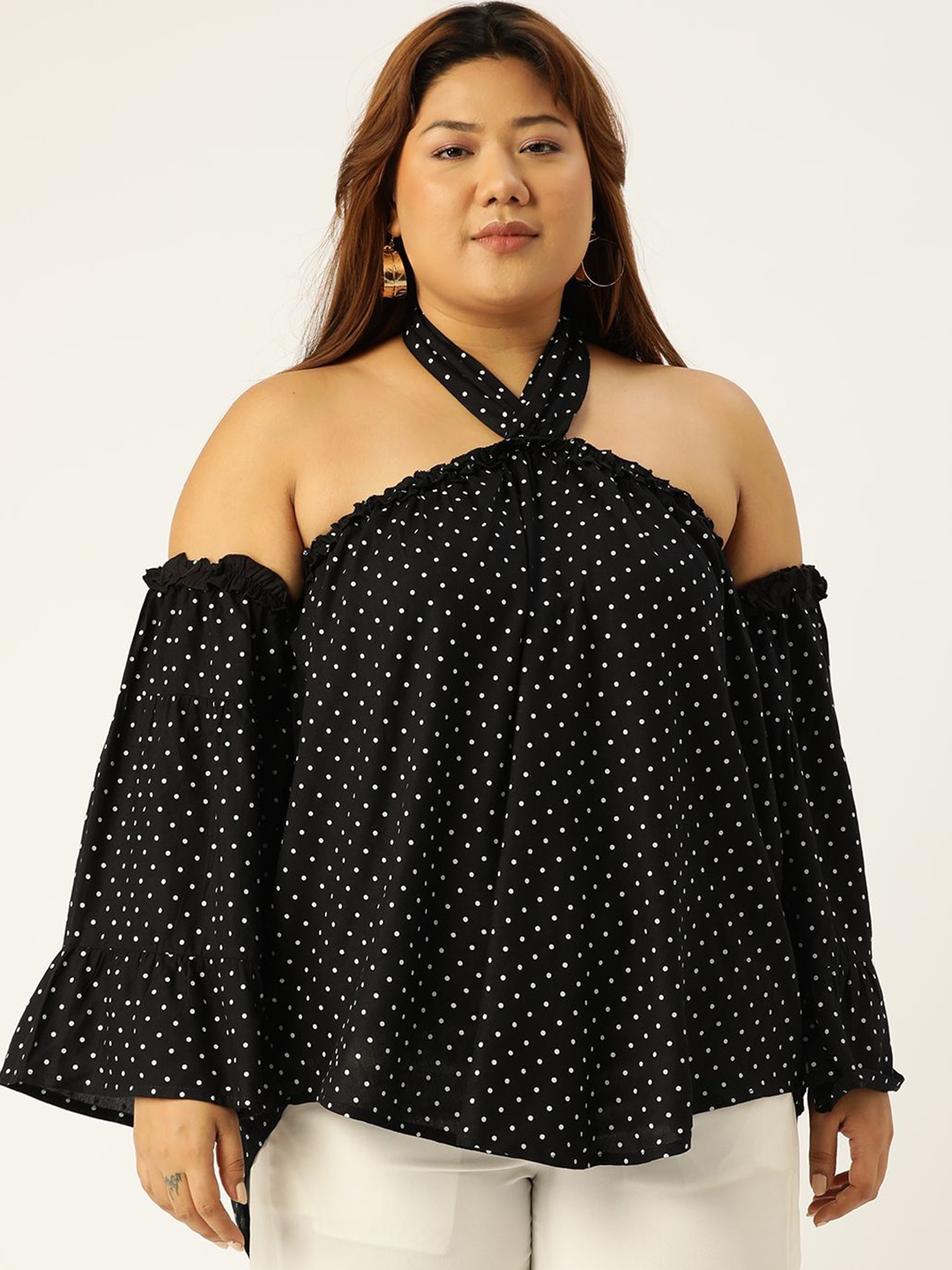 

theRebelinme Women Polka Dot Printed Halter Neck Bardot Top Plus Size, Black