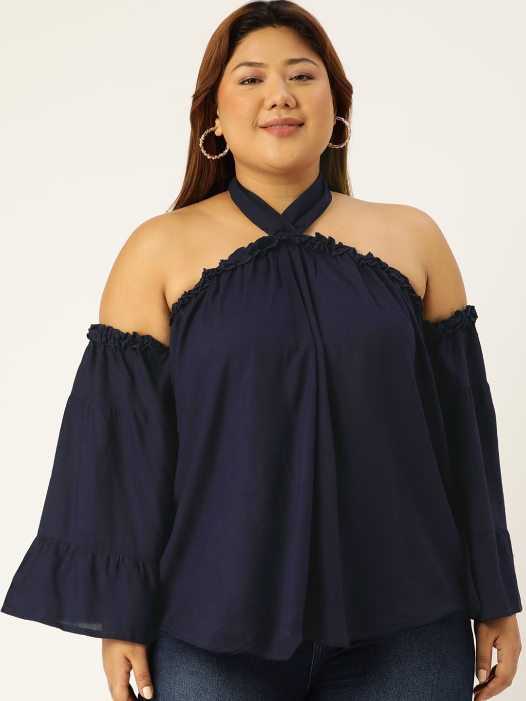 

theRebelinme Women Halter Neck Bardot Top Plus Size, Navy blue