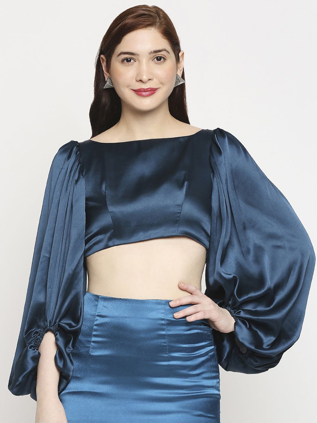 AMMARZO Women Bishop Sleeves Satin Crop Top, Turquoise blue