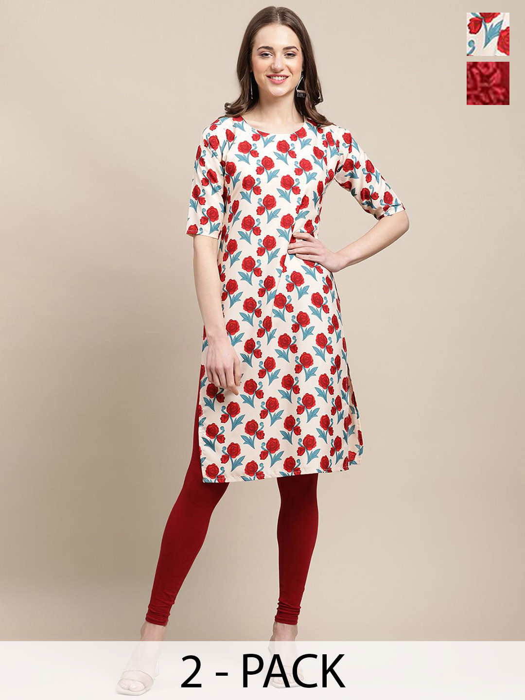 

7Threads Selection of 2 Floral Printed Round Neck Kurtas, White