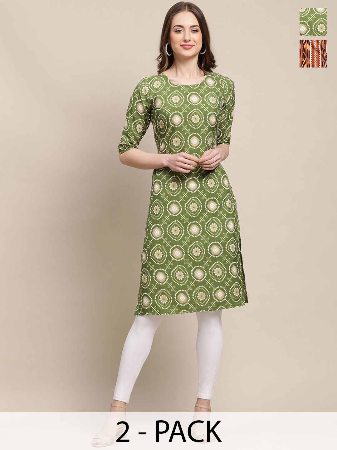 

7Threads Selection Of 2 Ethnic Motifs Printed Straight Kurtas, Green