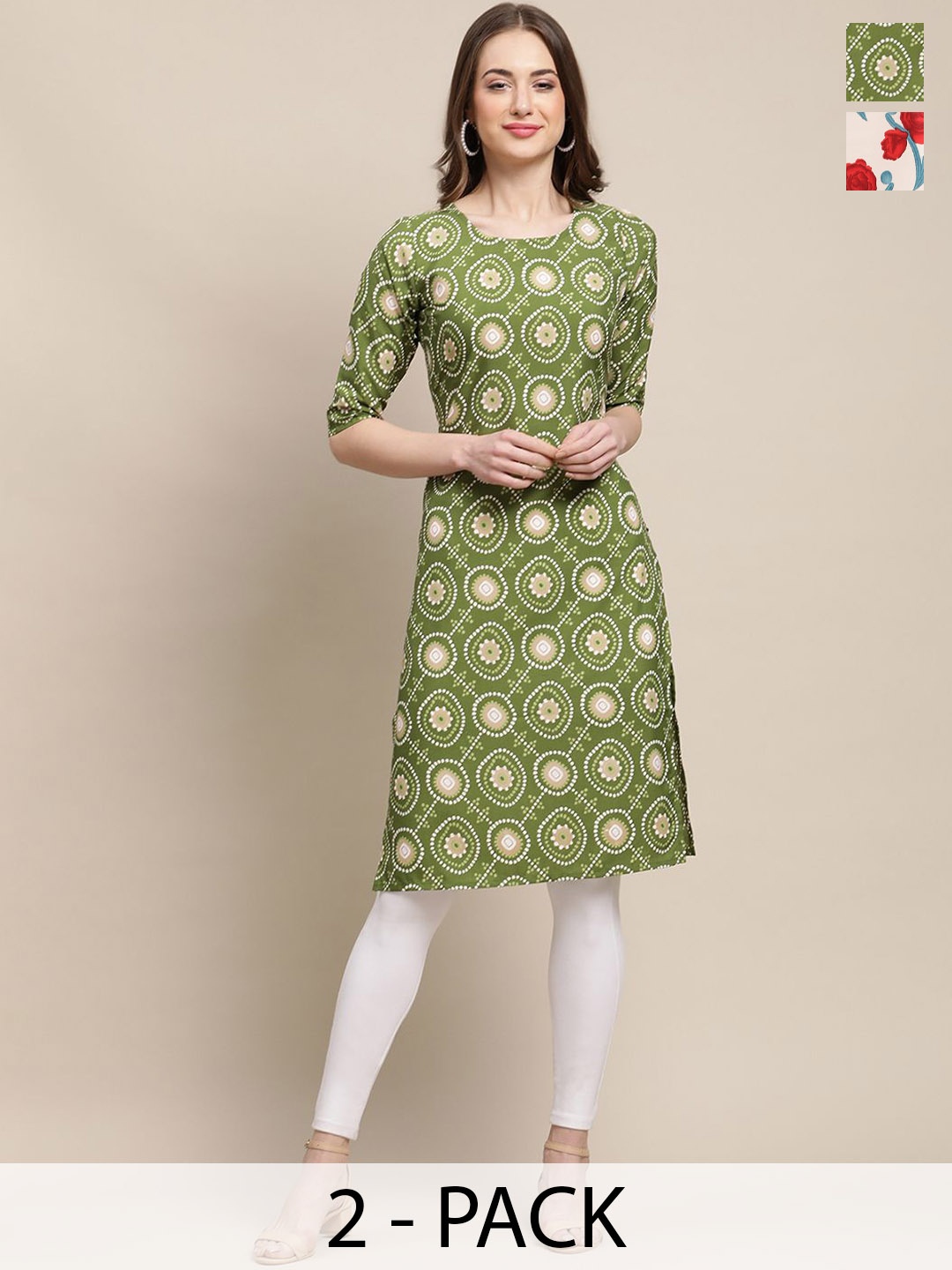 

7Threads Selection Of 2 Ethnic Motifs Printed Straight Kurtas, Olive