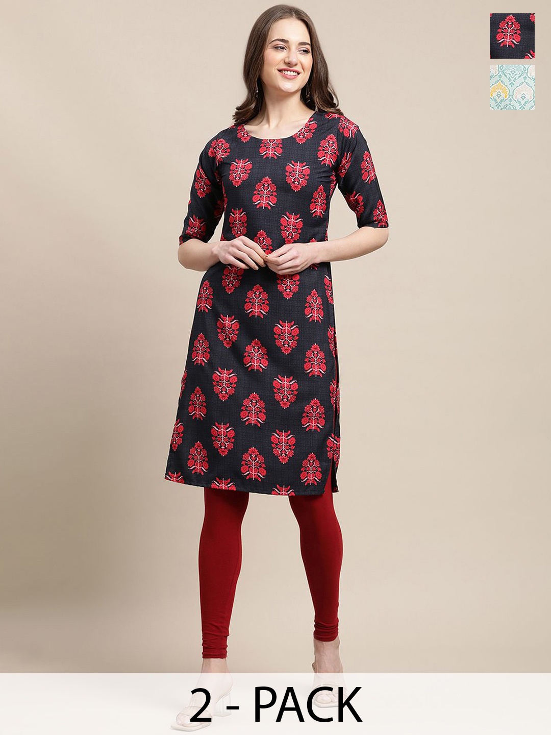 

7Threads Selection Of 2 Floral Printed Round Neck Kurtas, Black