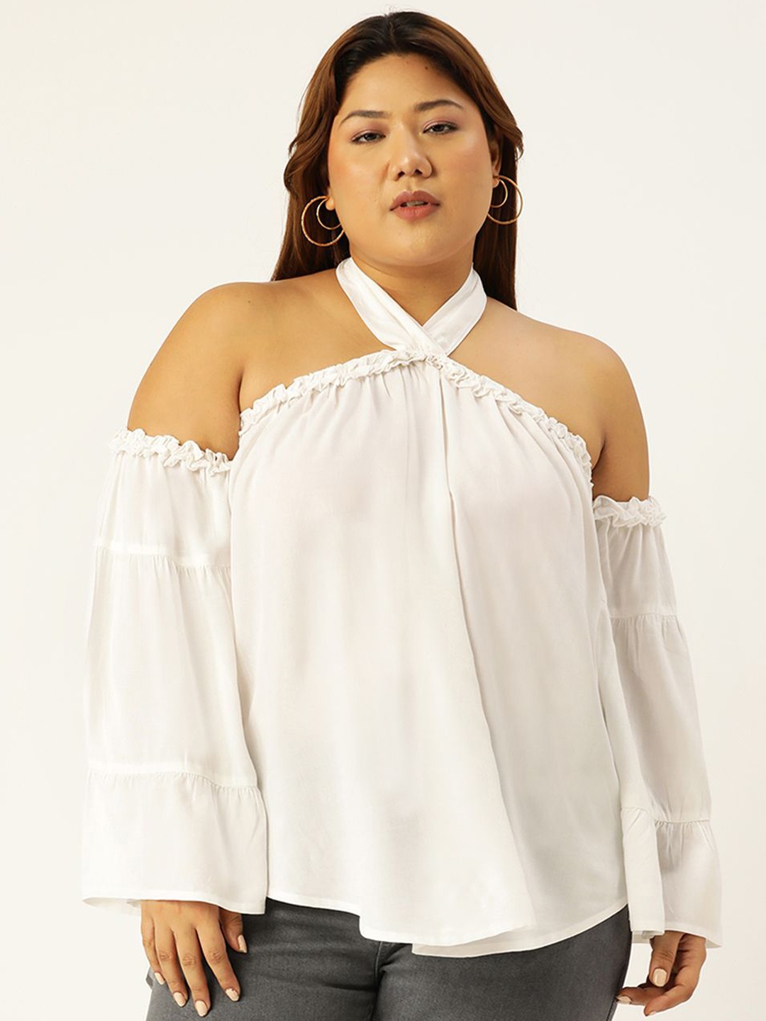 

theRebelinme Women Plus Size Halter Neck Bardot Top, White